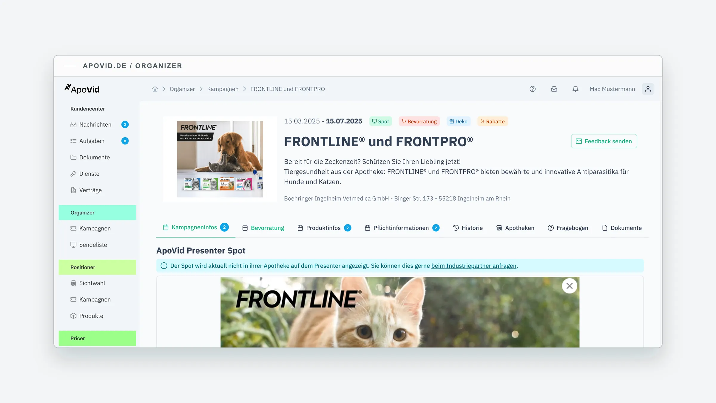Kampagnenansicht des ApoVid Organizers in einer neutralen Produktpräsentation.